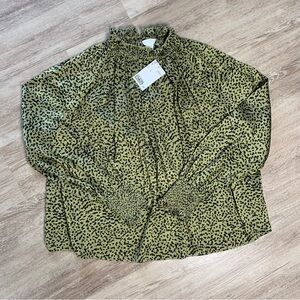 H&M Olive Leopard Print Smocked Neck Puff Sleeve Top NWT